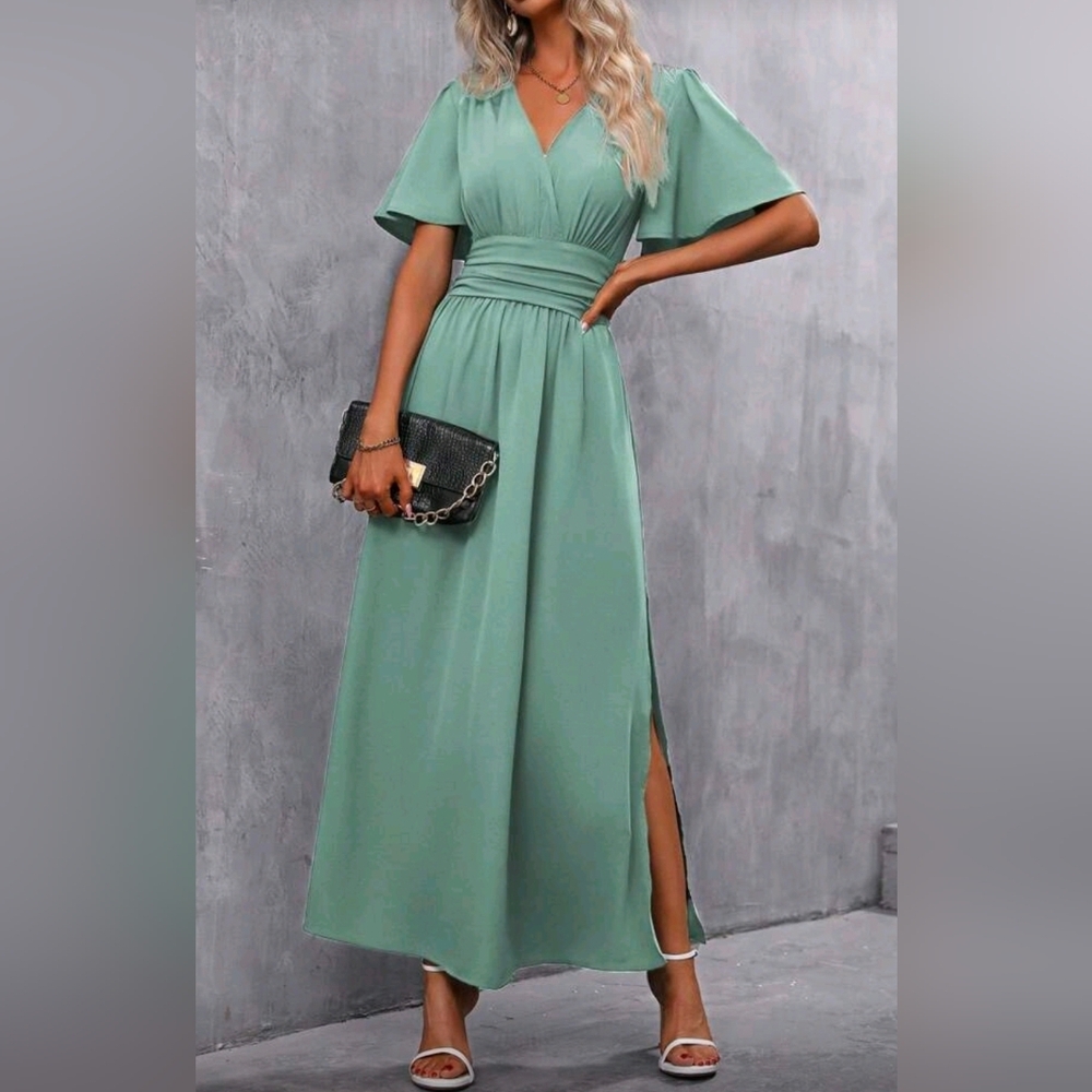 * NEW Chic Ruched Waist Flutter Sleeve Maxi Dress Light Green - Picture 4 of 9